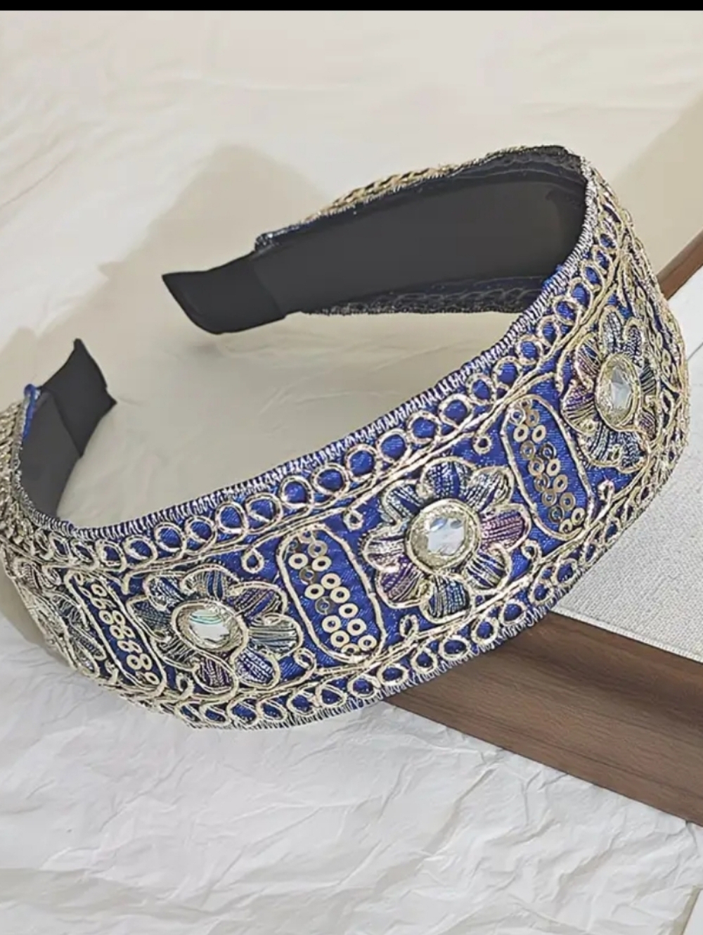 Ornate Headband Dark Blue with Gold Seed Beads and Sequin Accents